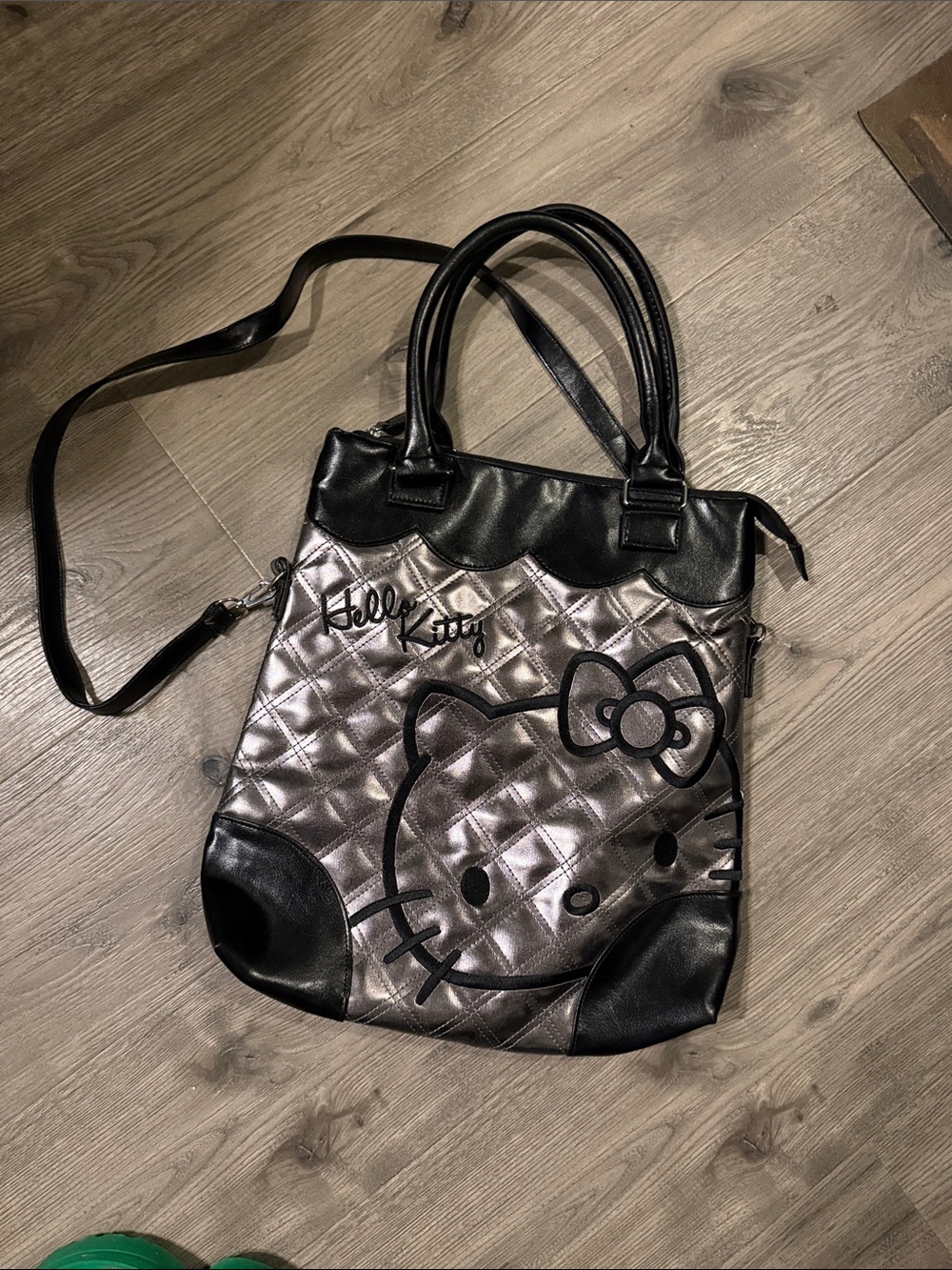 Hello Kitty Quilted Metallic Silver and Black Tote